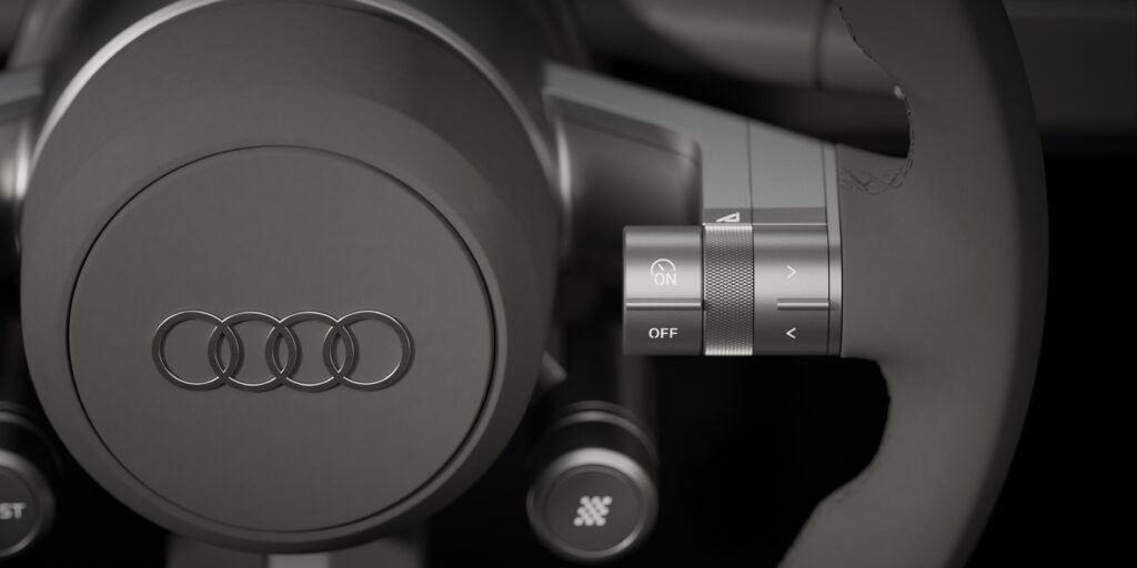 Audi EVStatic studio shot, interior, steering wheel detail